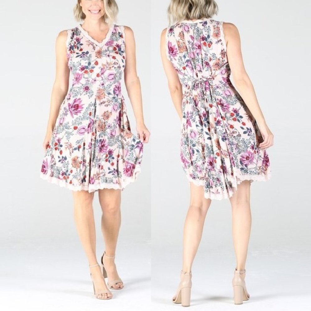 Floral Crinkle Mini Dress • Pink • Lace Crochet Trim • V-neck